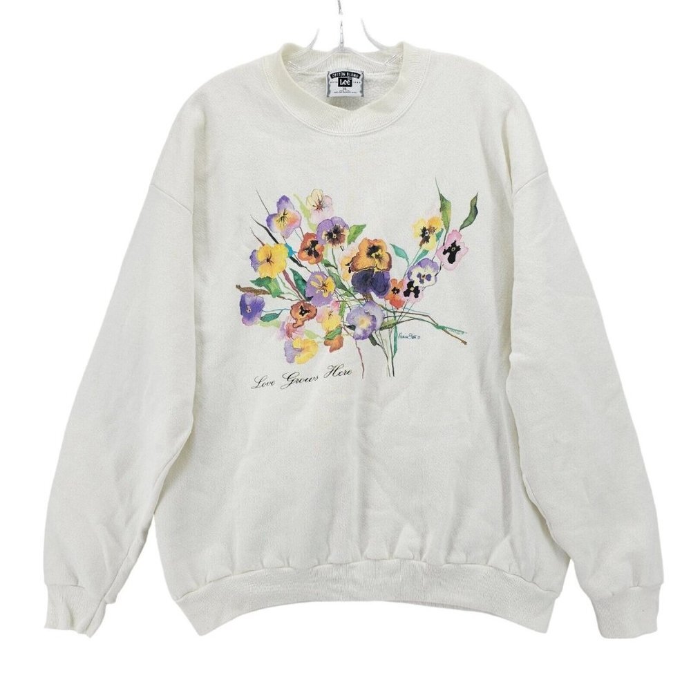 Vintage Lee Sweatshirt Floral Bouquet USA MADE Off White Love Grows Here Size XL